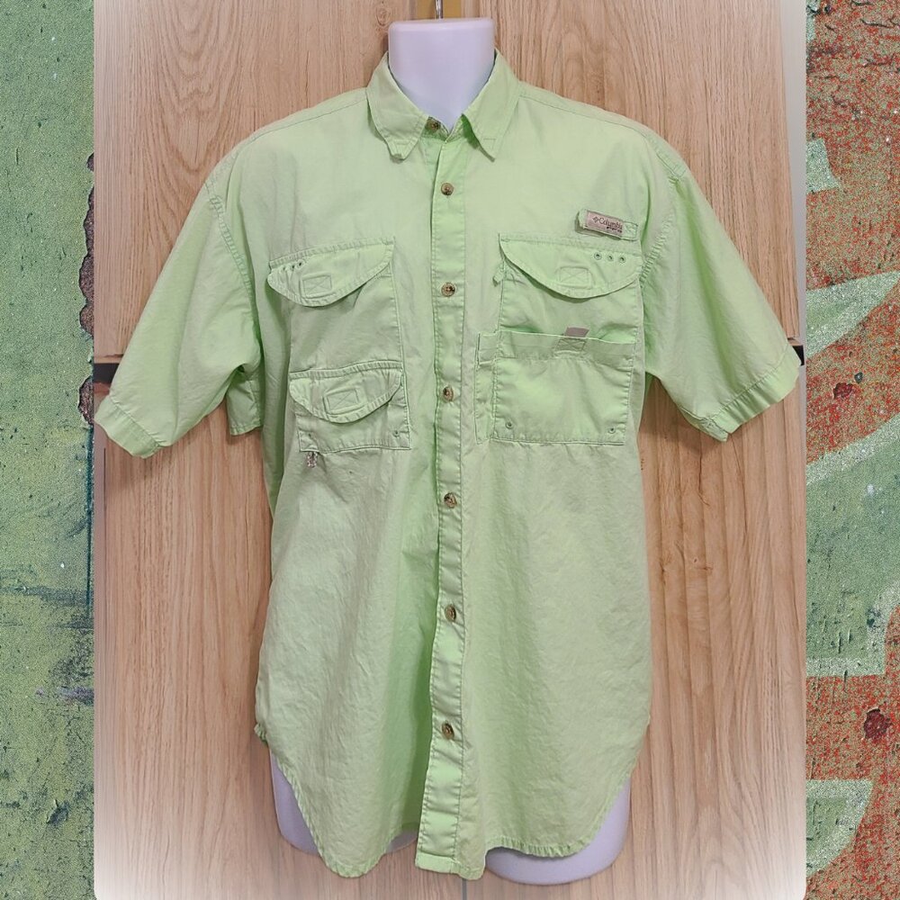 Columbia PFG Men's Medium Fishing Shirt Lime Green Vented Short Sleeve Outdoor